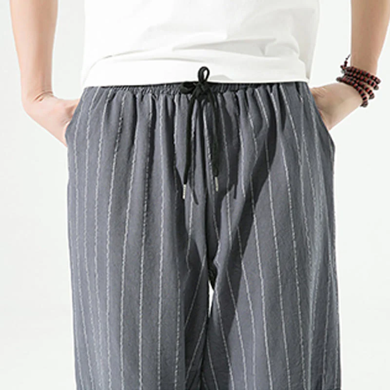 Buddha Stones Casual Plain Stripes Pattern Drawstring Men's 7-8 Length Cotton Linen Harem Pants With Pockets
