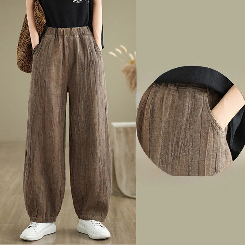 Buddha Stones Casual Plain Women's Cotton Linen Harem Pants With Pockets