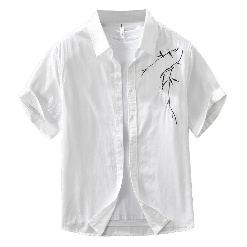 Buddha Stones Artistic Simple Design Embroidery Bamboo Pattern Men's Short Sleeve Cotton Shirt