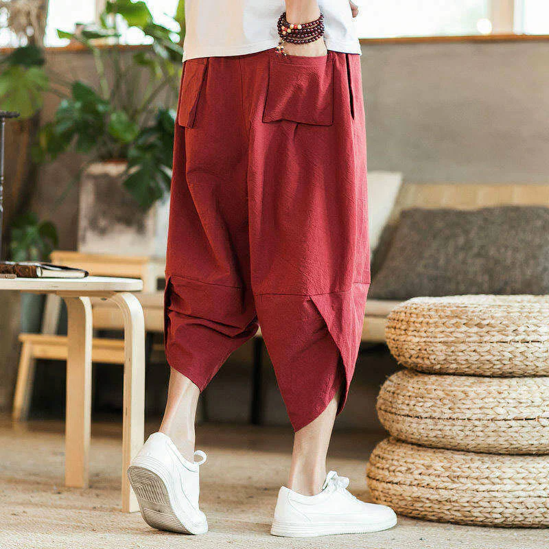 Buddha Stones White Crane Clouds Embroidery Cotton Linen Men's 7-8 Length Harem Pants With Pockets