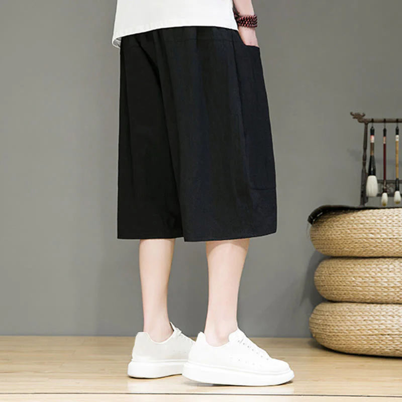 Buddha Stones Casual Drawstring Cotton Linen Men's Capri Harem Pants With Pockets