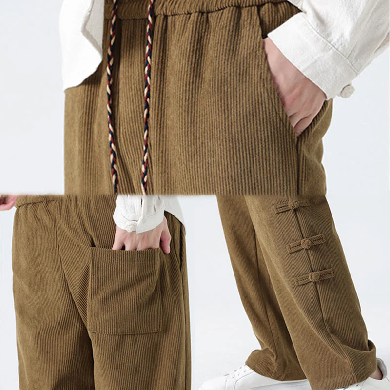 Buddha Stones Plain Chinese Frog-Button Design Drawstring Men's Corduroy Pants With Pockets