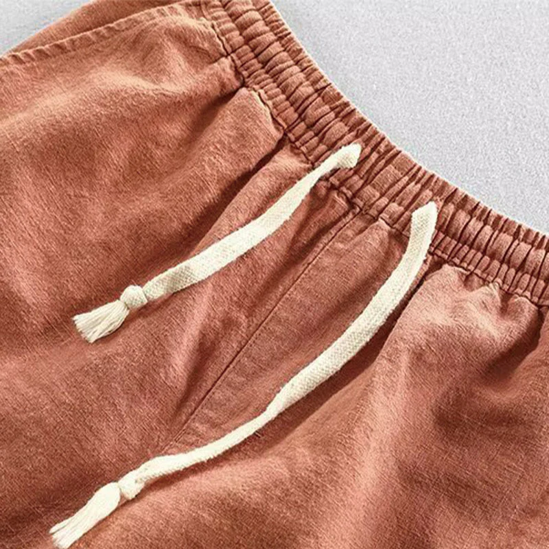 Buddha Stones Drawstring Elastic Waist Cotton Linen Men's Shorts With Pockets