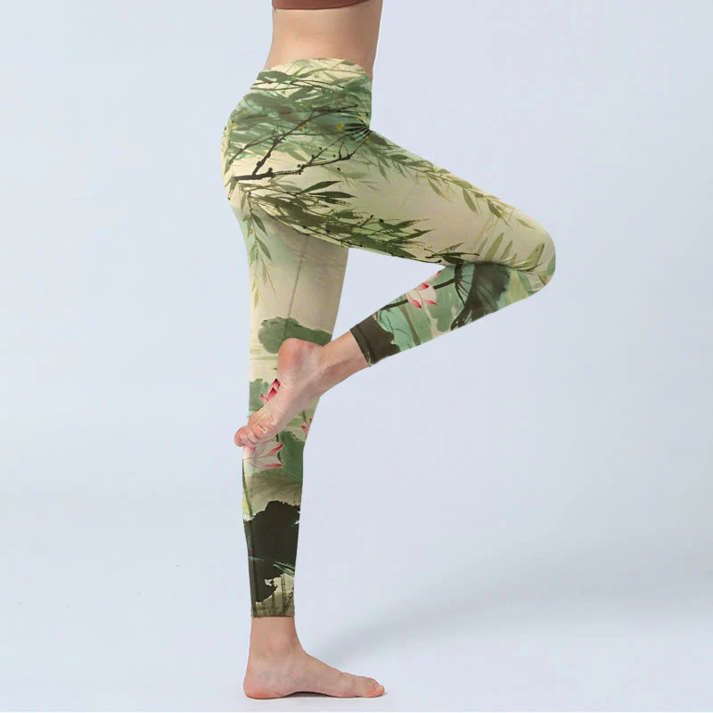 Buddha Stones Pink Lotus Flower Lotus Leaves Willow Branch Pattern Print Gym Leggings Women's Yoga Pants