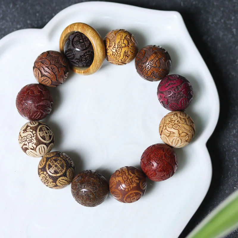 Buddha Stones Carving Sandalwood Chinese Zodiac Auspicious Dragon Phoenix Fu Character Healing Bracelet