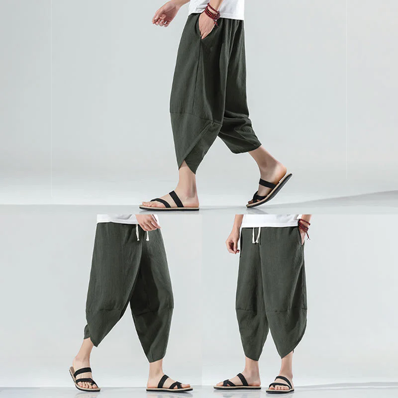Buddha Stones Plain Simple Design Drawstring 7-8 Length Linen Men's Harem Pants With Pockets