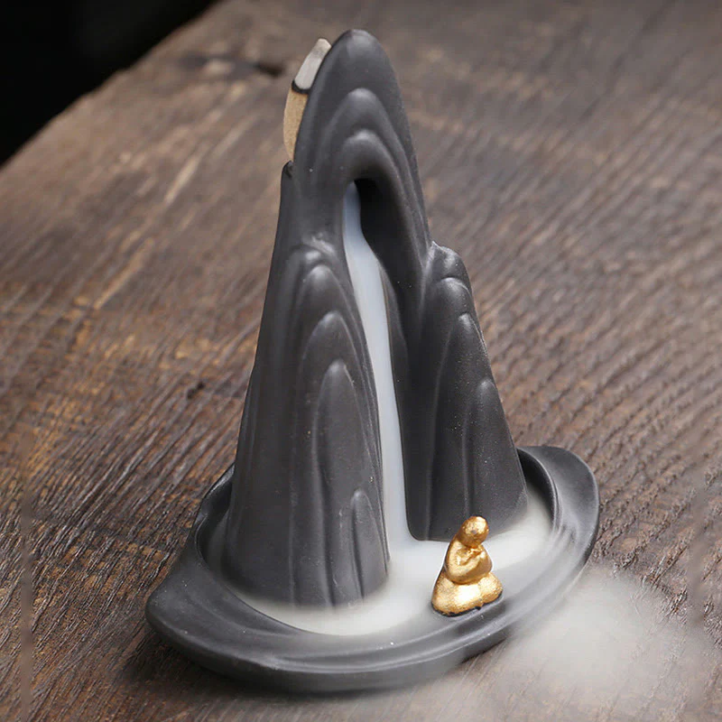 Buddha Stones Little Monk Mountains Flowing Water Purple Clay Ceramic Healing Backflow Incense Burner Decoration