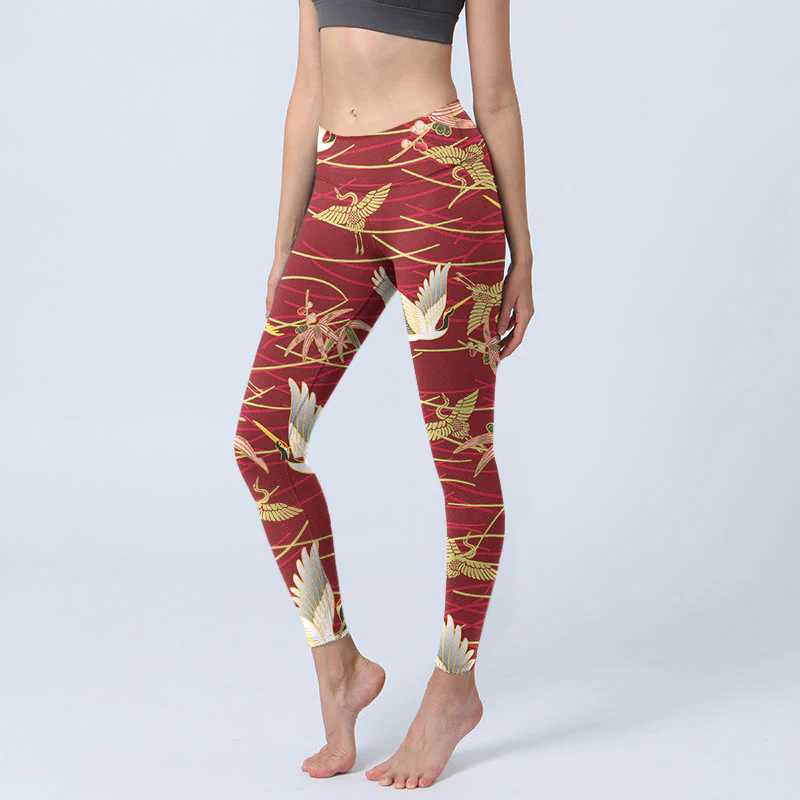 Buddha Stones Flying Cranes Slender Branches Print Gym Leggings Women's Yoga Pants