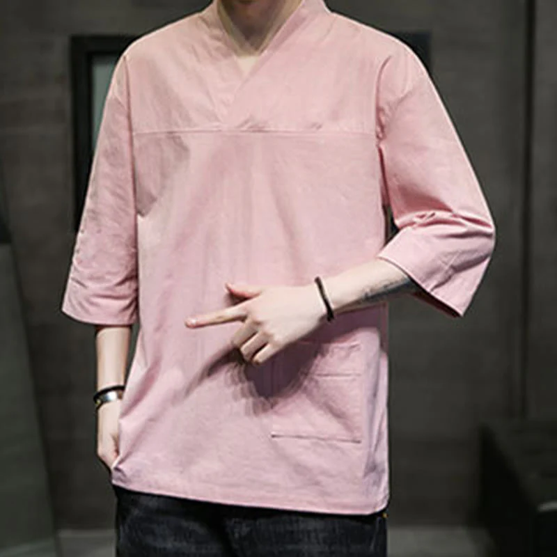 Buddha Stones Summer Casual Simple V-Neck Design Men's Cotton Linen Three Quarter Sleeve T-Shirt With Front Pocket