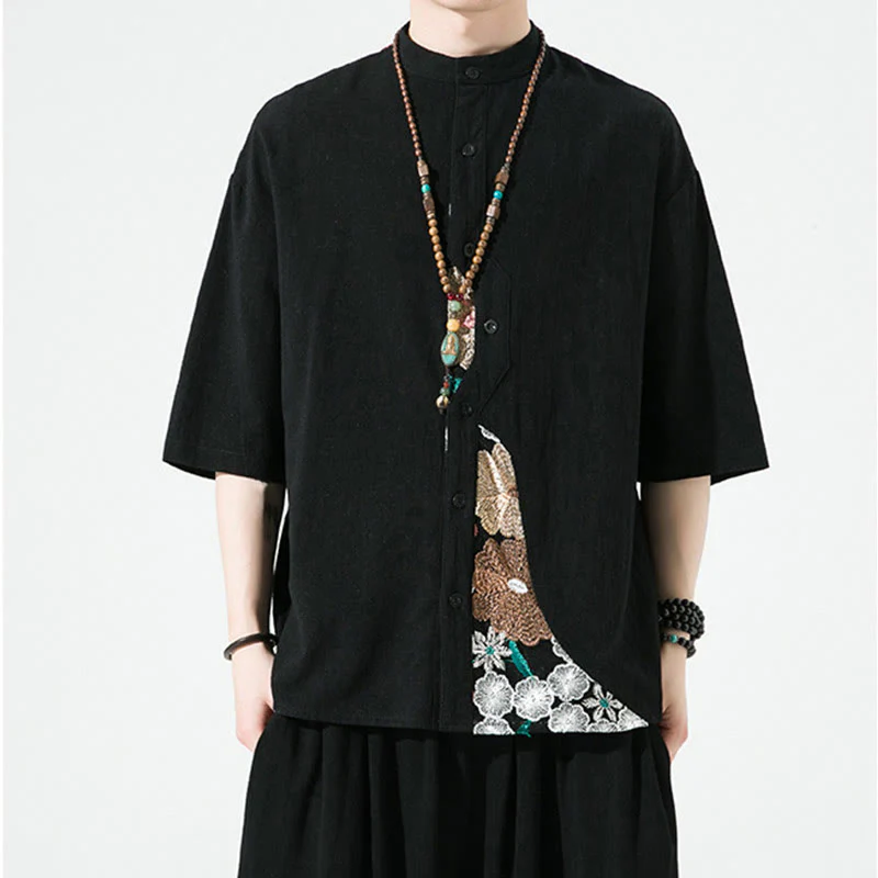 Buddha Stones Embroidery Patchwork Simple Design Three Quarter Sleeve Men's Cotton Linen Shirt