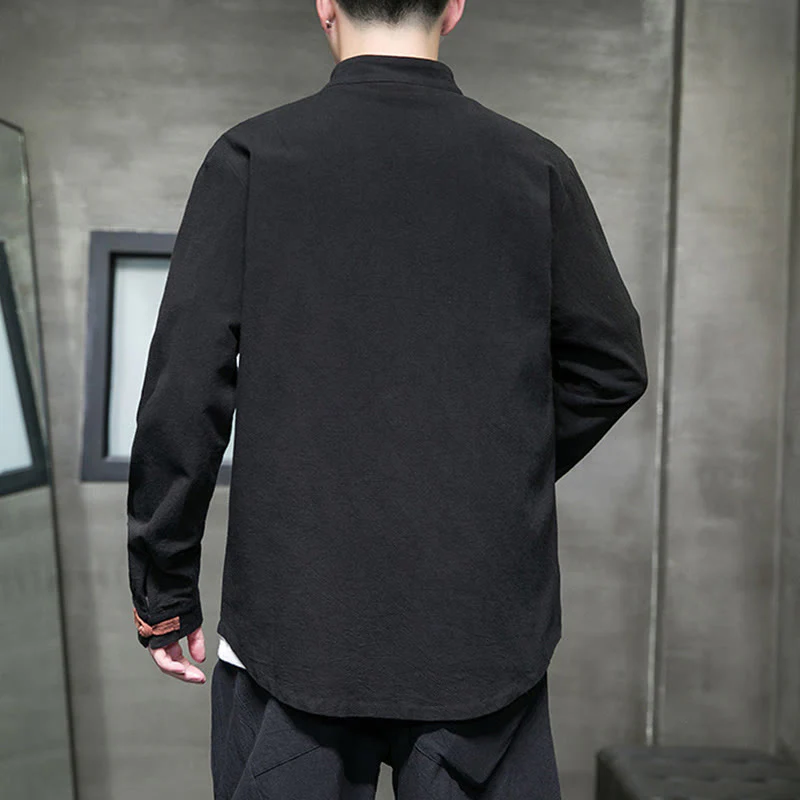 Buddha Stones Men's Stand Collar Frog-button Cotton Linen Long Sleeve Shirt With Pockets