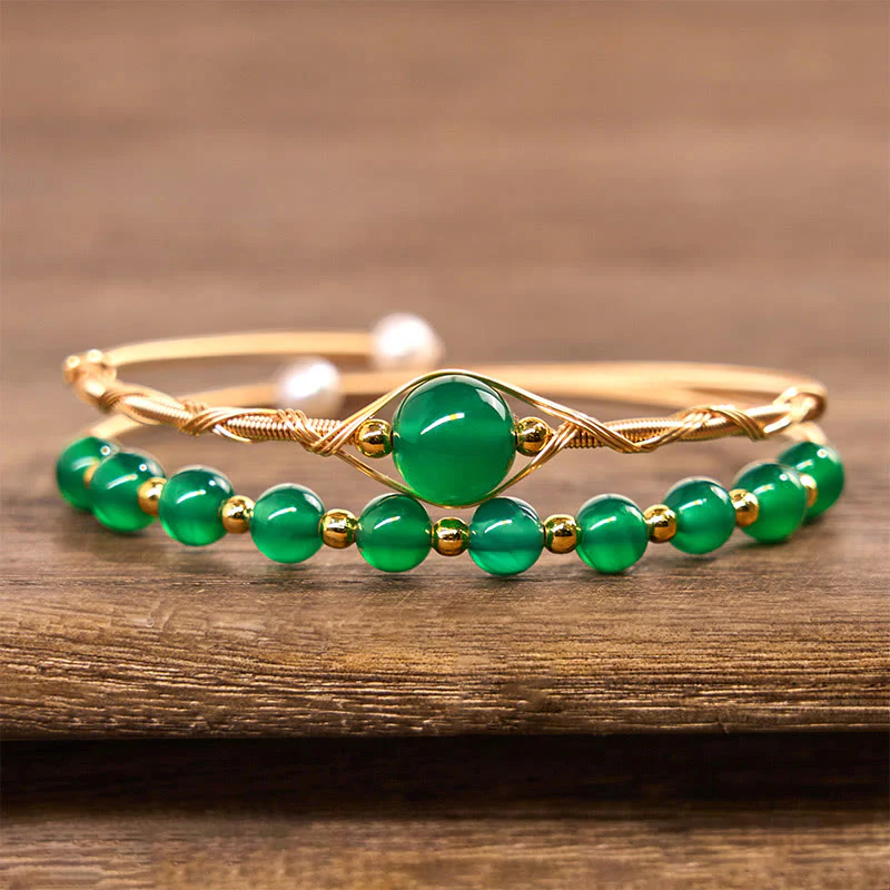 Buddha Stones 14K Gold Filled Copper Natural Green Agate Power Metal Cuff Bracelet Bangle