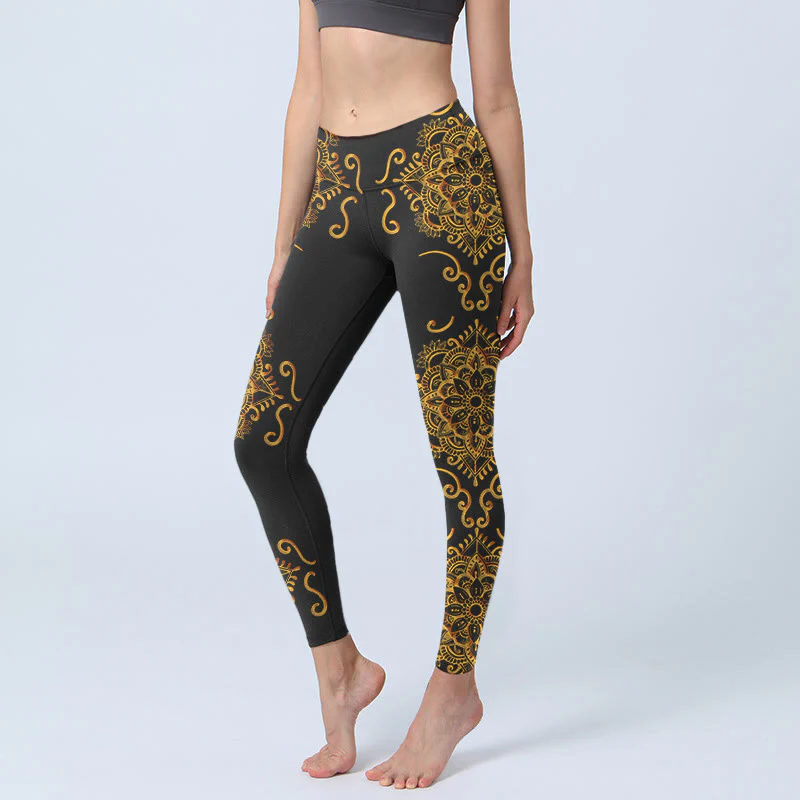 Buddha Stones Golden Mandala Flowers Print Gym Leggings Women's Yoga Pants