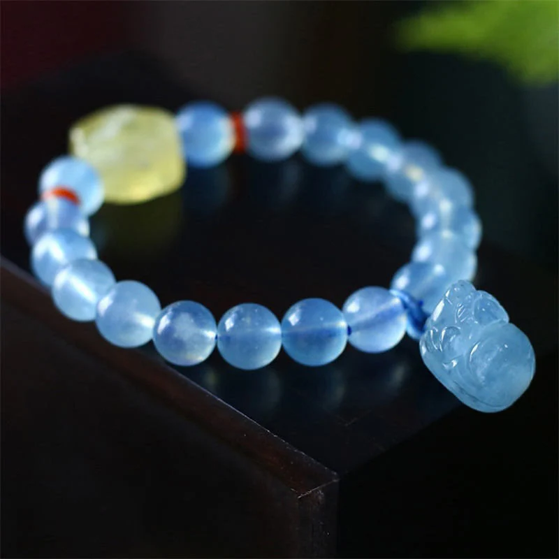 Buddha Stones Natural Aquamarine Amber Pixiu Peace Healing Charm Bracelet