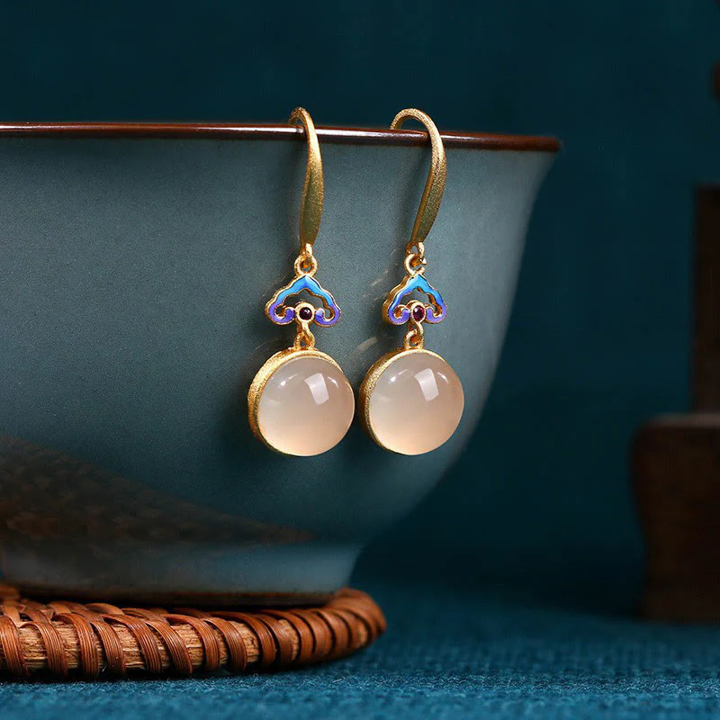 Buddha Stones 925 Sterling Silver Posts Natural Chalcedony Gold-plated Harmony Earrings