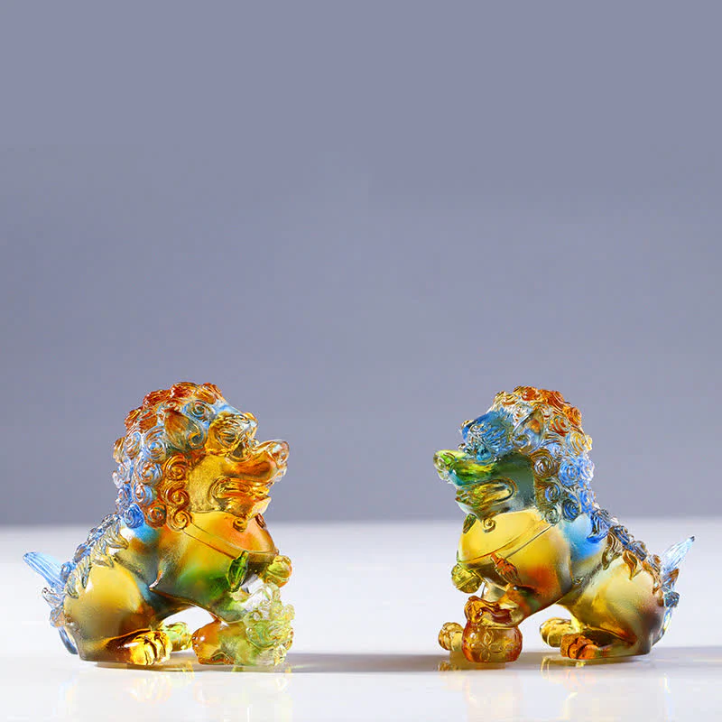 Buddha Stones Handmade Liuli Crystal Lion Art Piece Strength Home Office Decoration