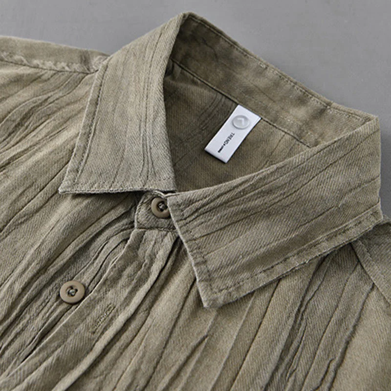 Buddha Stones Retro Pleats Buttons Men's Long Sleeve Ramie Linen Shirt With Pockets