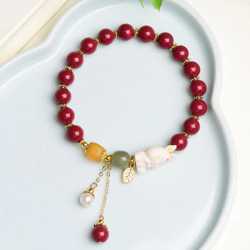 Buddha Stones Year of the Rabbit Cinnabar Hetian Jade Bunny Beaded Blessing Bracelet