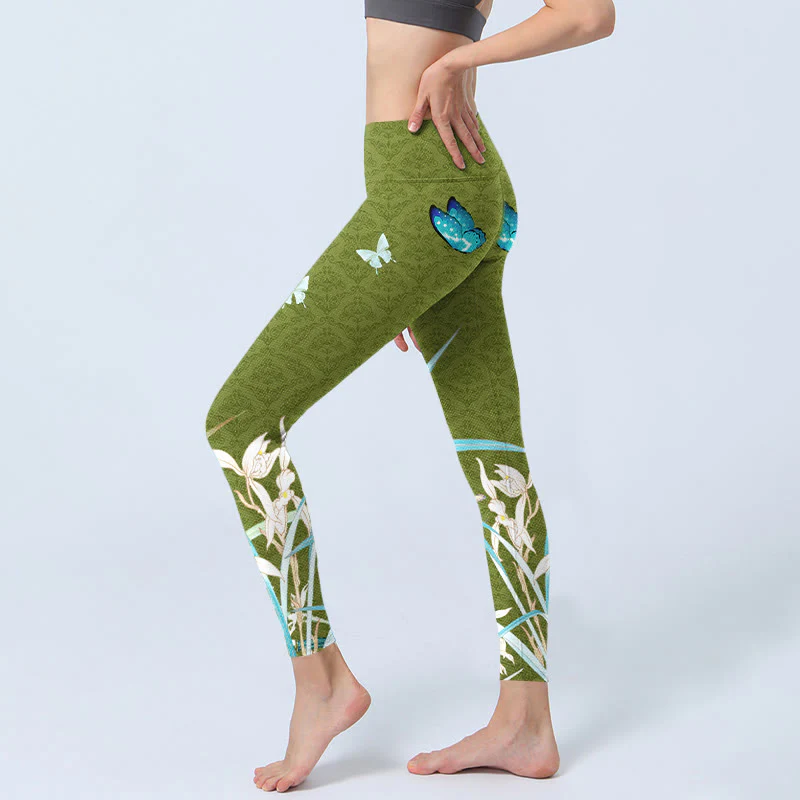 Buddha Stones Green Butterfly Orchid Flowers Print Gym Leggings Women's Yoga Pants