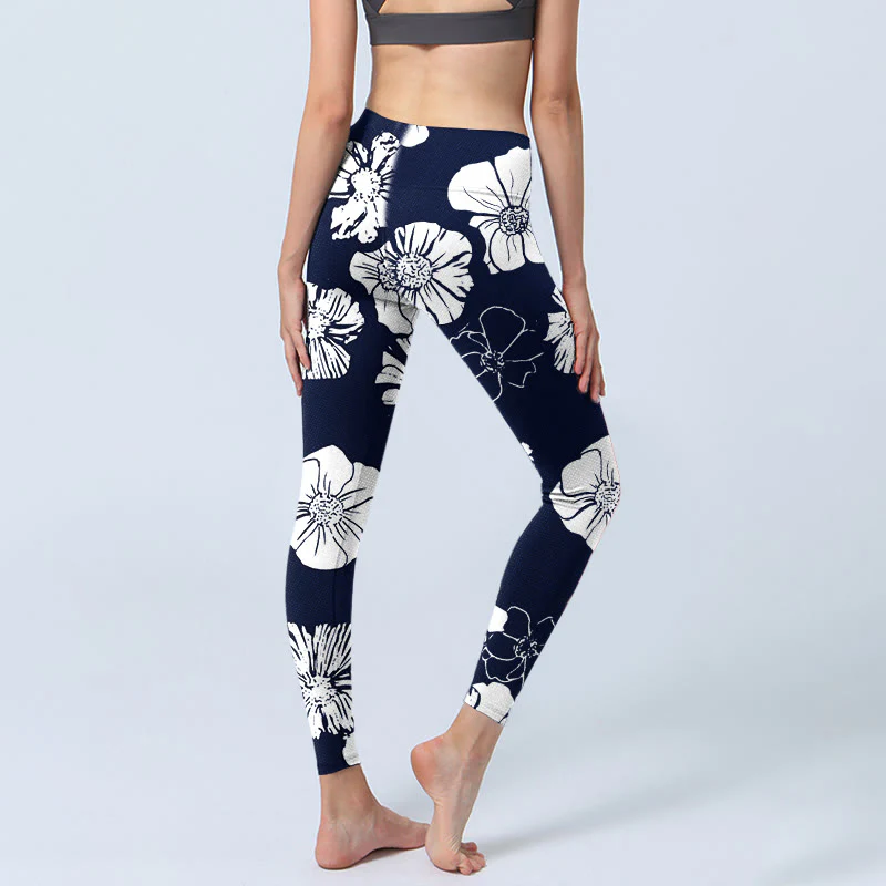 Buddha Stones Large White Petals Plants Pattern Print Gym Leggings Women's Yoga Pants