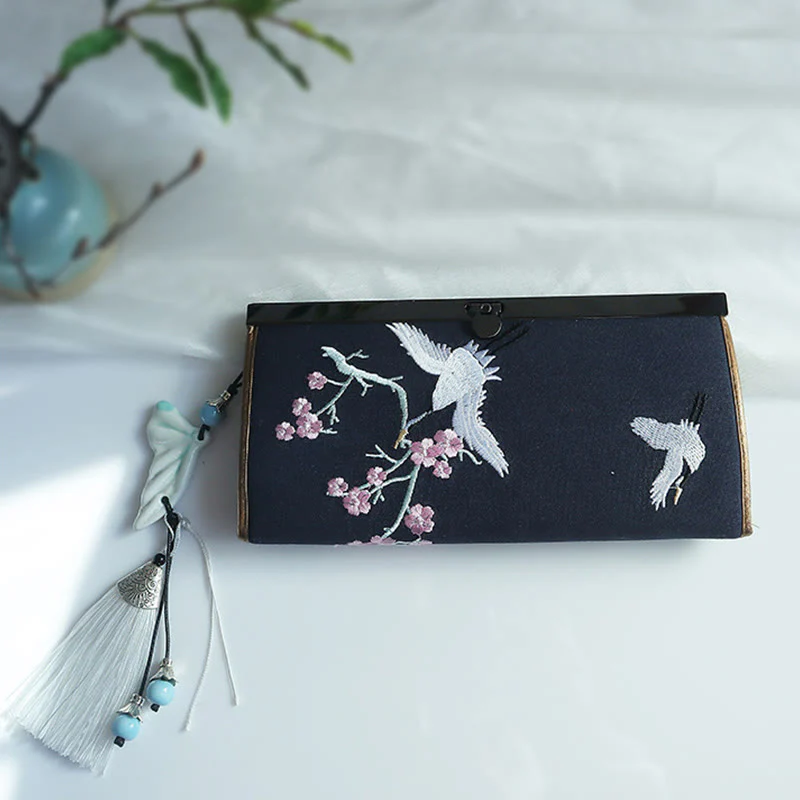 Buddha Stones Flower Plum Peach Blossom Bamboo Double-sided Embroidery Large Capacity Cash Holder Wallet Shopping Purse