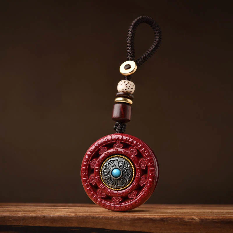 Buddha Stones Cinnabar Om Mani Padme Hum Blessing Rotatable Necklace Pendant Key Chain