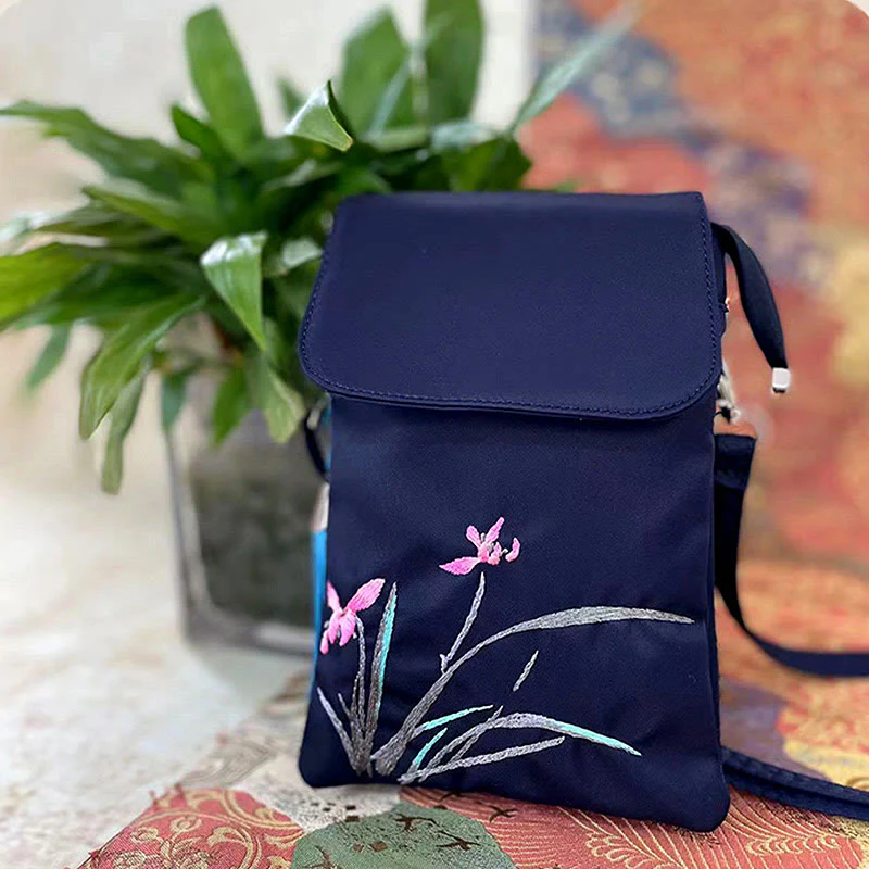 Buddha Stones Waterproof Handmade Embroidered Lotus Flowers Crossbody Bag Shoulder Bag Cellphone Bag