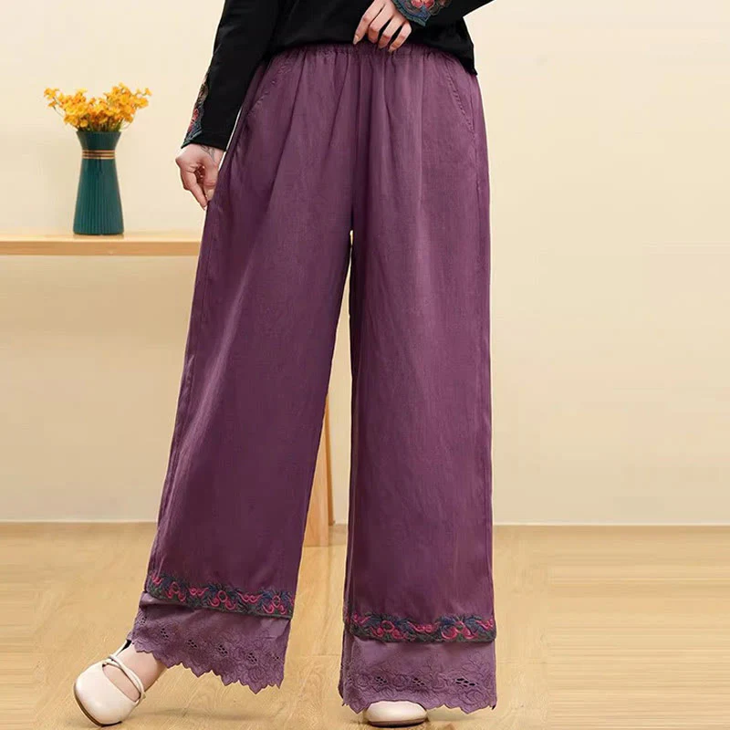 Buddha Stones Casual Embroidered Lace Cotton Linen Women's Wide Leg Pants With Pockets