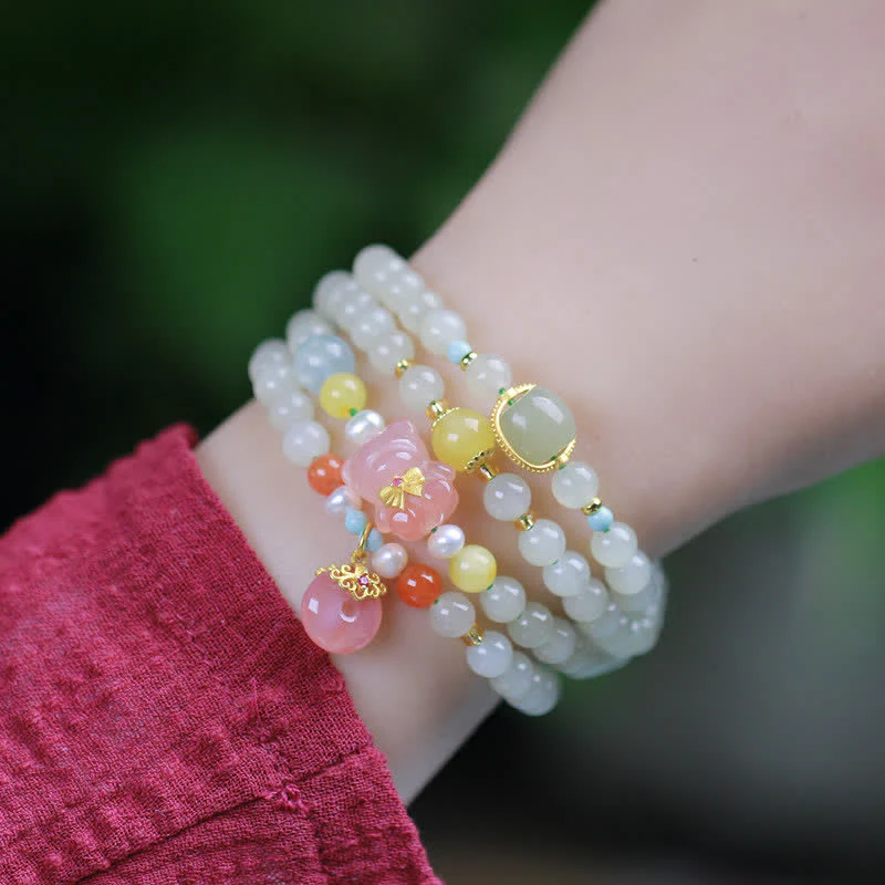 Buddha Stones Natural Hetian Jade Pink Crystal Peace Buckle Happiness Abundance Bracelet