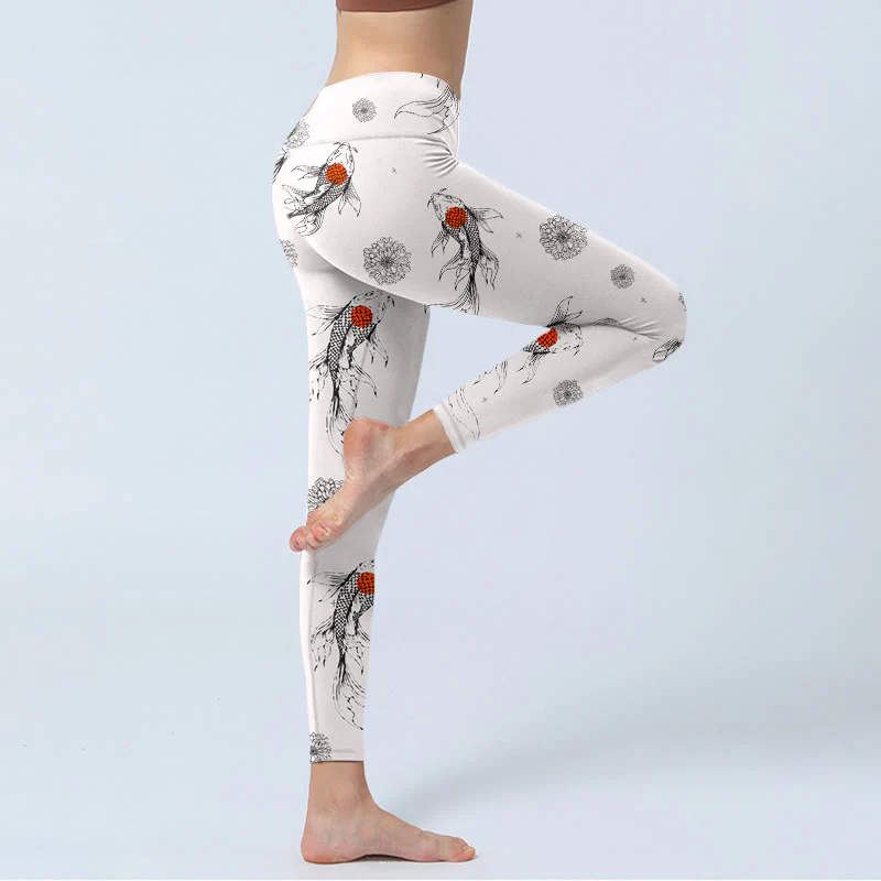 Buddha Stones Koi Fish Chrysanthemum Pattern Print Gym Leggings Women's Yoga Pants