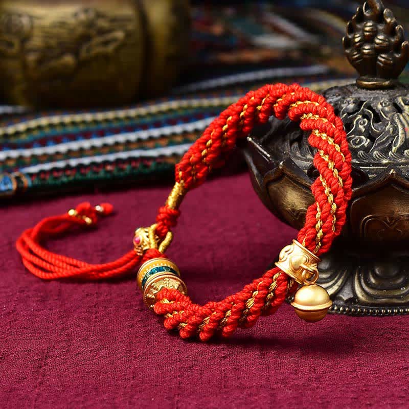 Buddha Stones Tibetan Handmade Luck Protection Thangka Prayer Wheel Bell Charm Braid String Bracelet