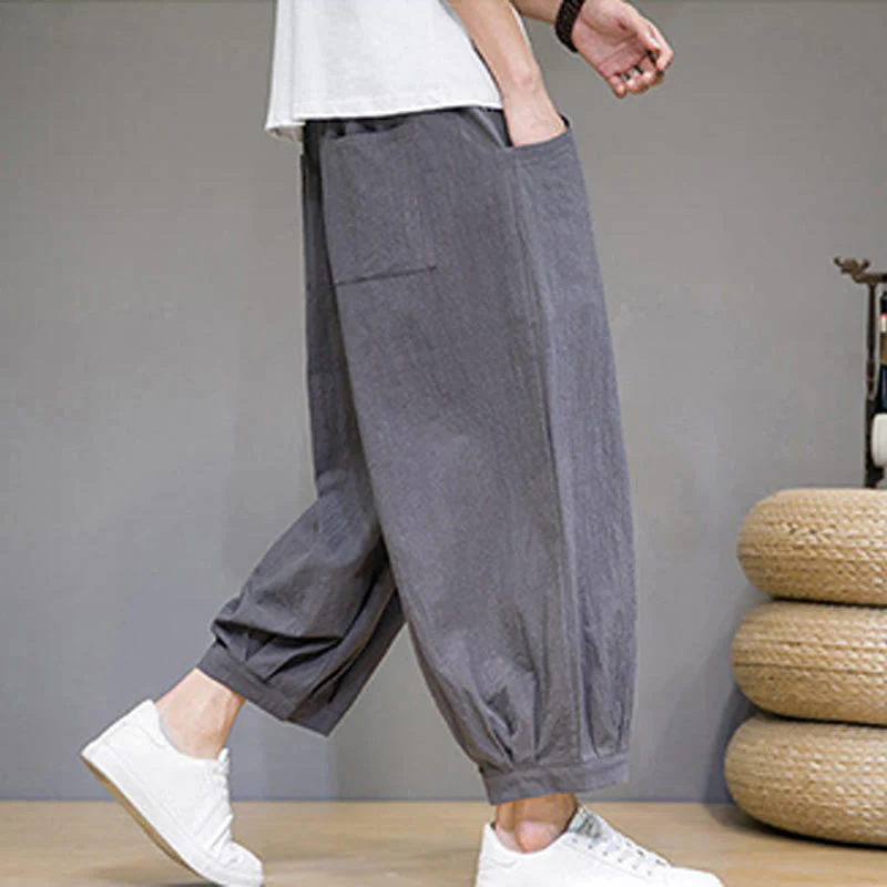 Buddha Stones Simple Cotton Men's Cropped Capri Harem Pants With Pockets