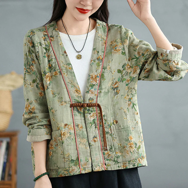 Buddha Stones Printing Floral Frog-Button Open Front Cardigan Cotton Linen Jacket With Pockets