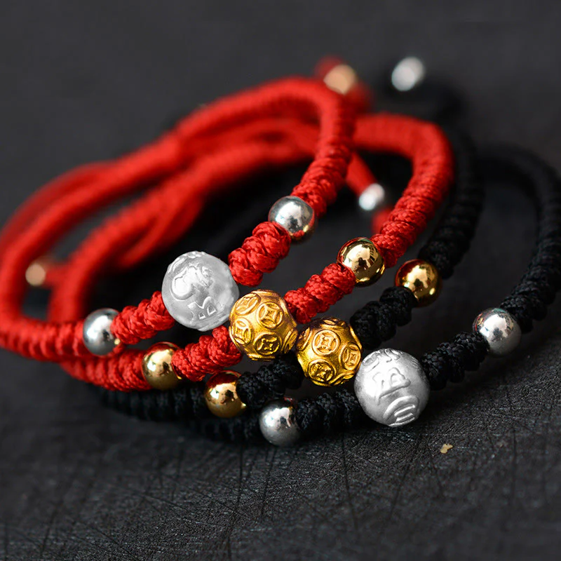 Buddha Stones 999 Sterling Silver Om Mani Padme Hum Copper Coin Luck Strength String Couple Bracelet