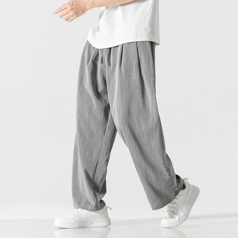 Buddha Stones Summer Casual Plain Straight Leg Design Men's Cotton Linen Drawstring Pants With Pockets