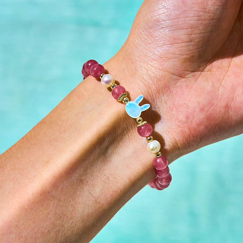 Buddha Stones Strawberry Quartz Pearl Cat Rabbit Healing Bracelet