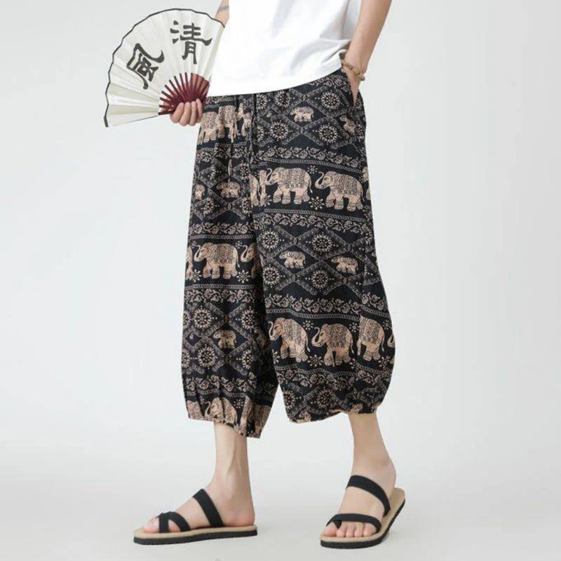 Buddha Stones Summer Square Patchwork Elephant Mandala Geometry Cotton Linen Men's 7-8 Length Pants With Pockets