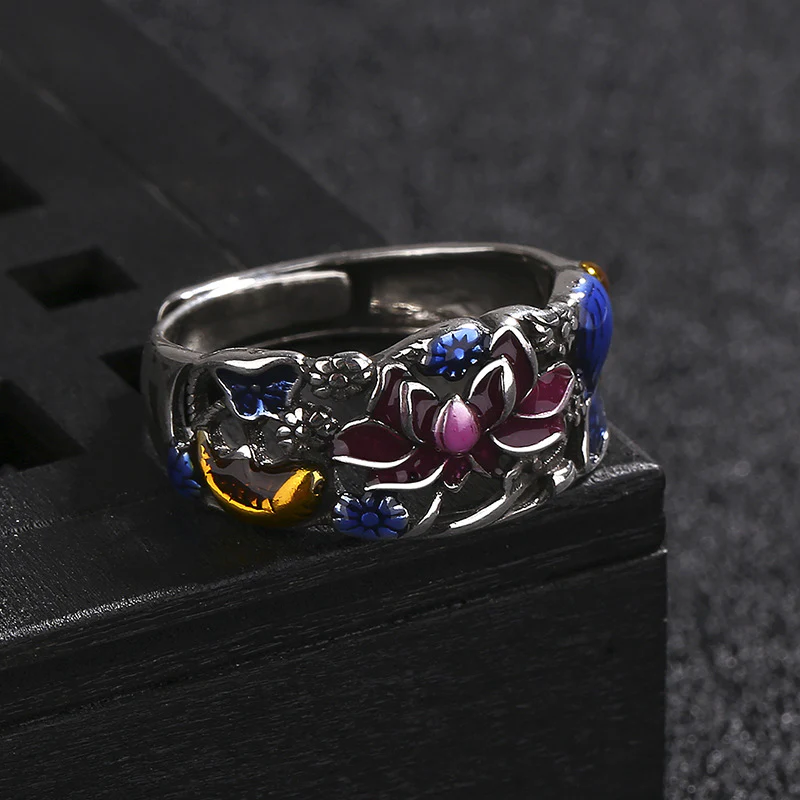 Buddha Stones Koi Fish Lotus Flower Leaf Design Luck Wealth Ring