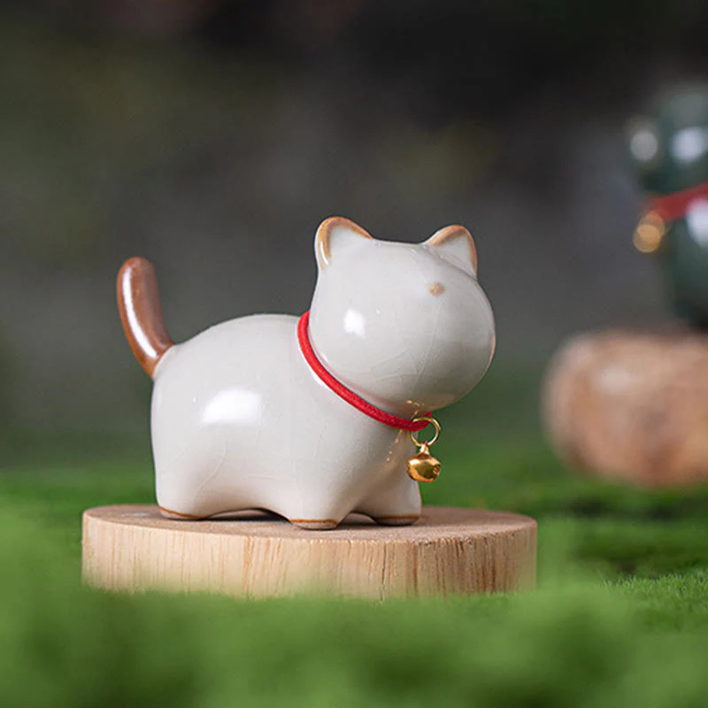 Buddha Stones Mini Lucky Cute Standing Cat Red Rope Bell Ceramic Figurine Decoration