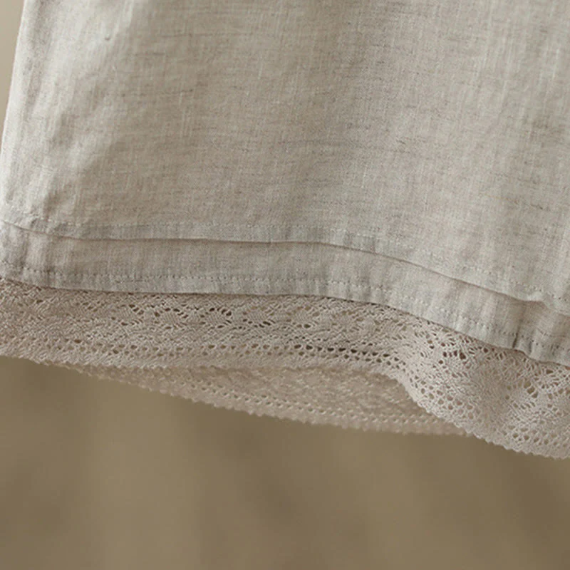 Buddha Stones Commute Retro Plain Lace Patchwork Design 7-8 Length Women's Wide Leg Cotton Pants With Pockets