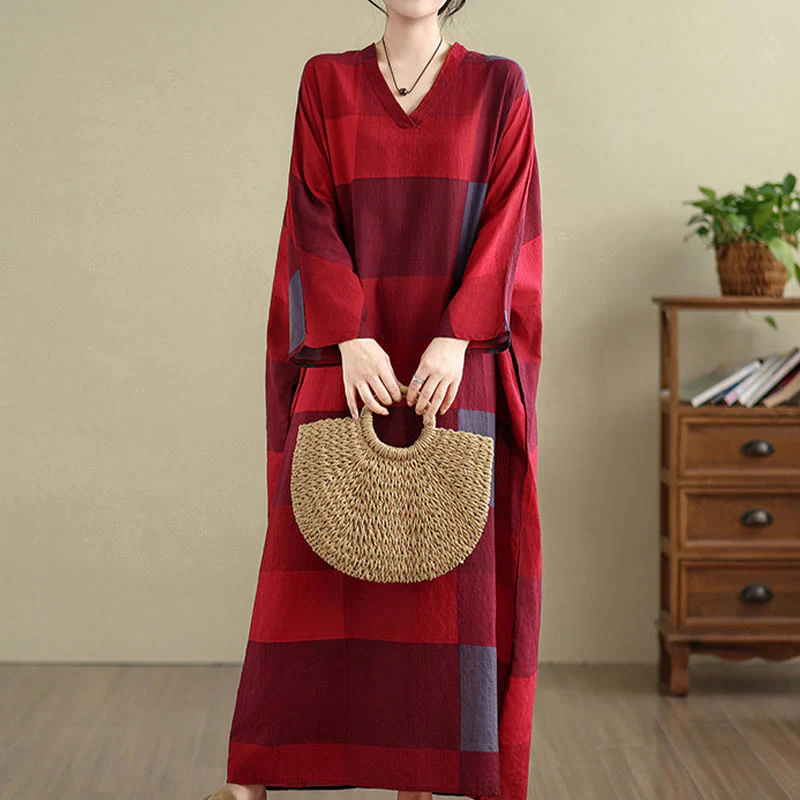 Buddha Stones Spliced Plaid Pattern Cotton Linen Women's Maxi Dress With Pockets