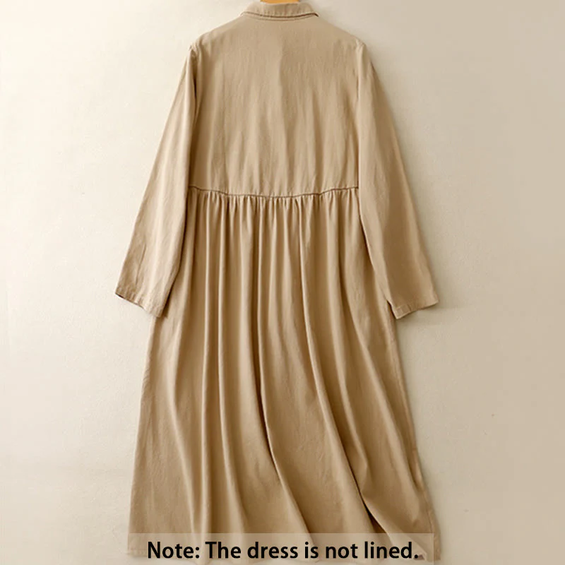 Buddha Stones Commute Pure Color Button Design Lapel Cotton Midi Dress
