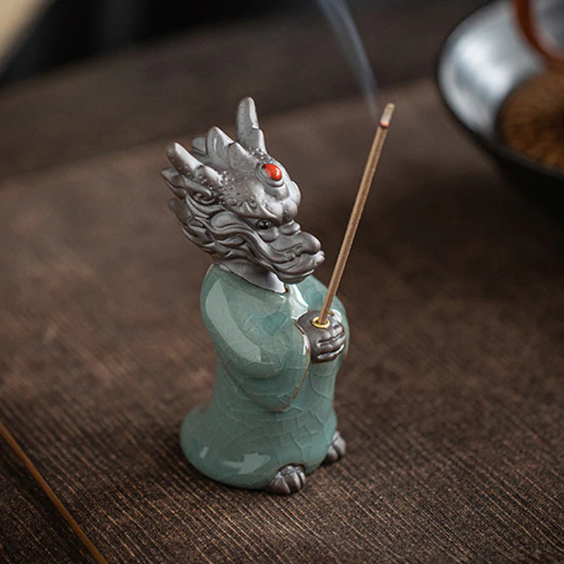 Buddha Stones Praying Dragon King Lotus Base Fu Character Ceramic Healing Incense Burner Desk Decoration