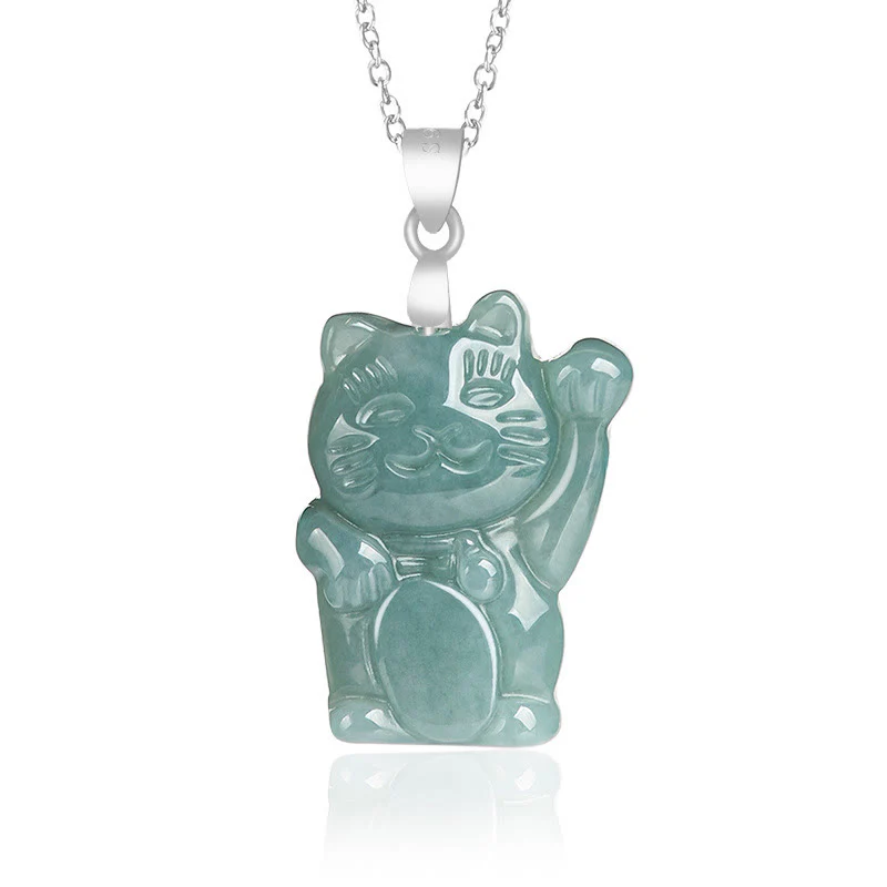 Buddha Stones 925 Sterling Silver Natural Jade Lucky Cat Abundance Necklace Pendant