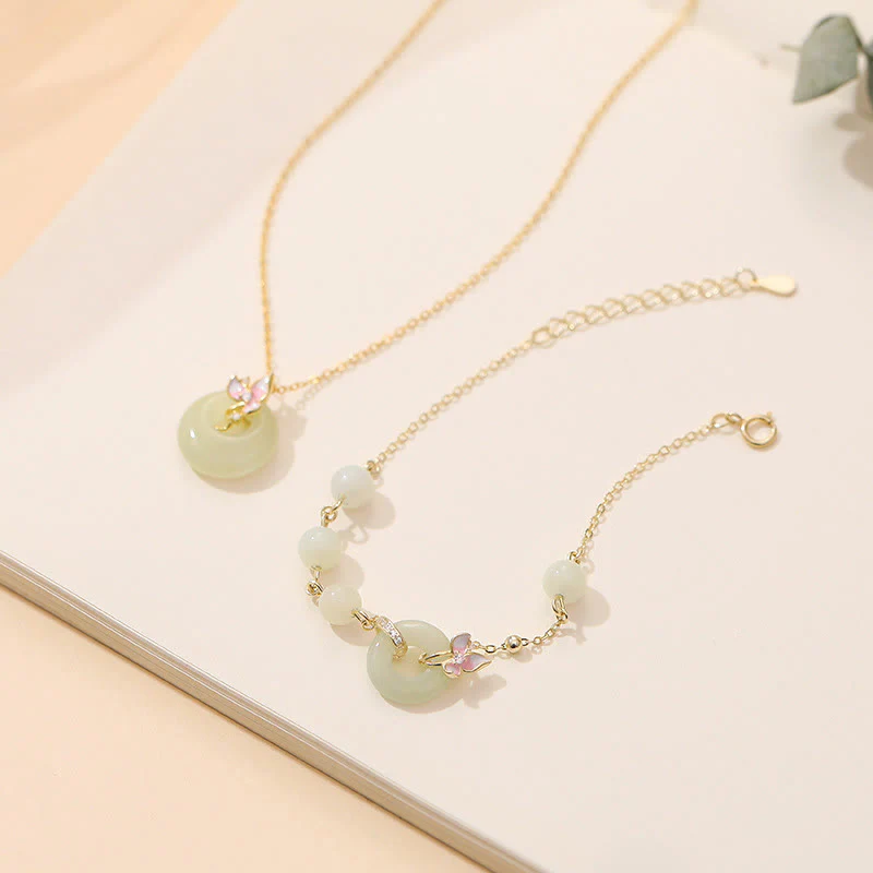 Buddha Stones 925 Sterling Silver Natural Hetian Jade Peace Buckle Orchid Luck Bracelet Necklace Pendant Set