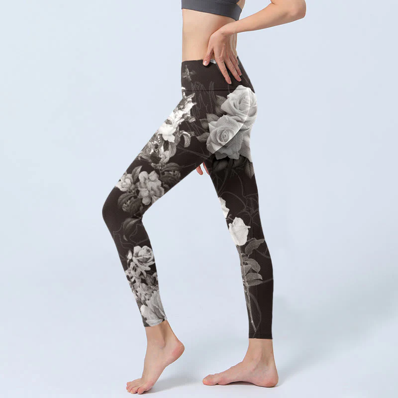 Buddha Stones Gray White Rose Print Gym Fitness Leggings Women's Yoga Pants
