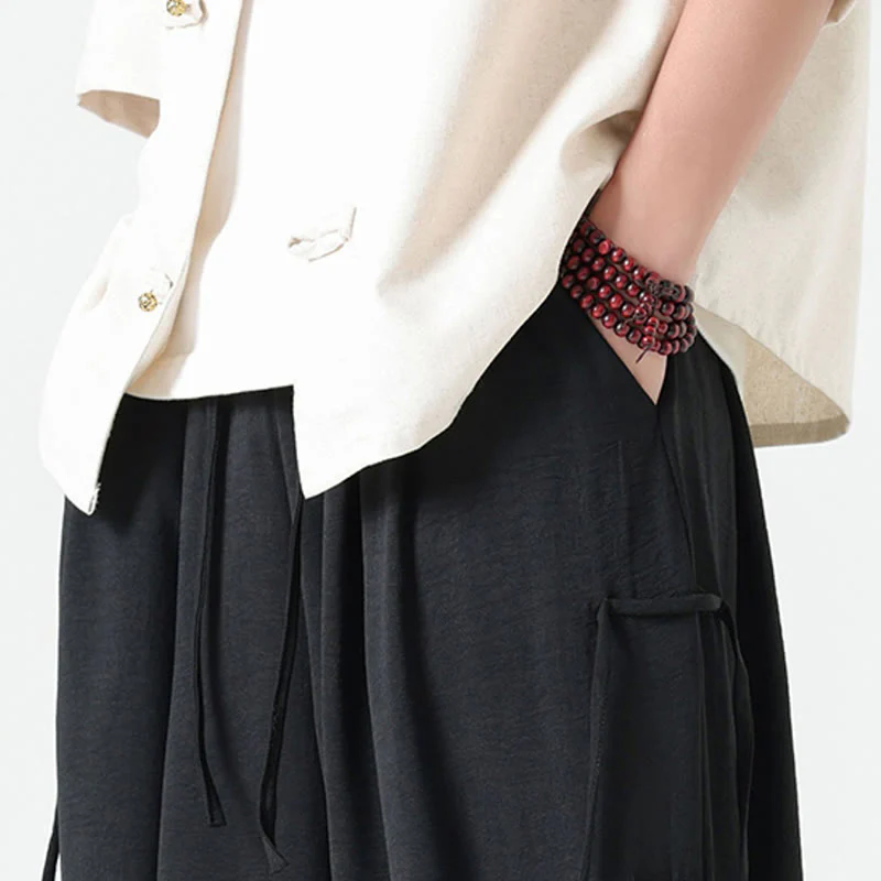 Buddha Stones Casual Loose Lanyard Design Waist Rope Men's 7-8 Length Spandex Pants With Pockets