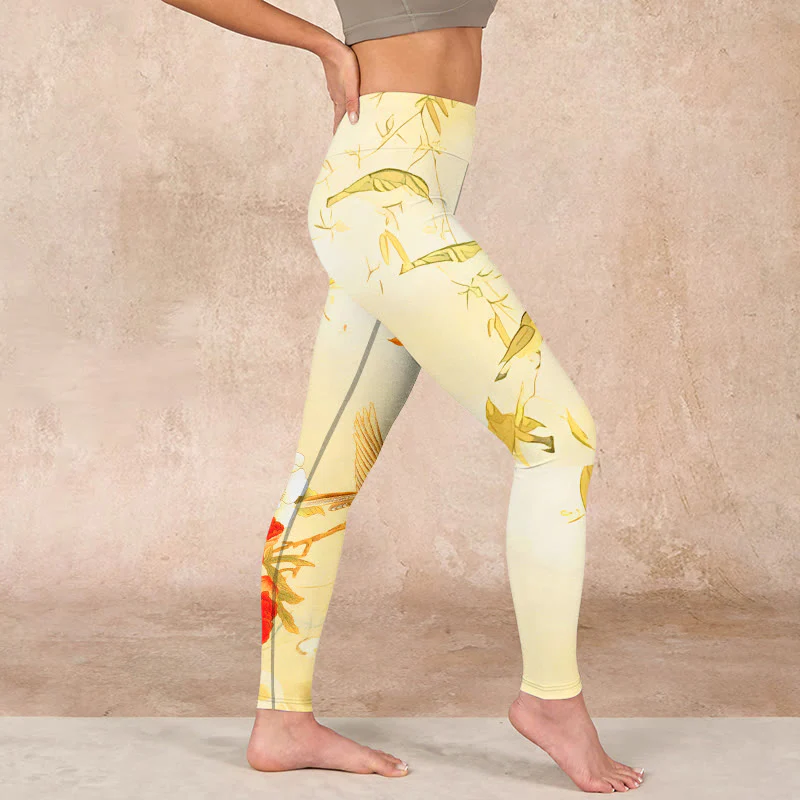 Buddha Stones Light Yellow Peony Flowers Birds Print Sports Leggings Women's Yoga Pants