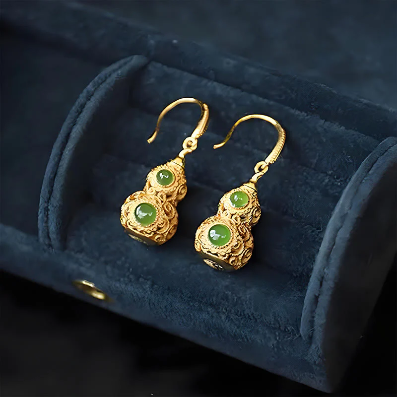 Buddha Stones Copper Hollow Gourd Jade Prosperity Earrings