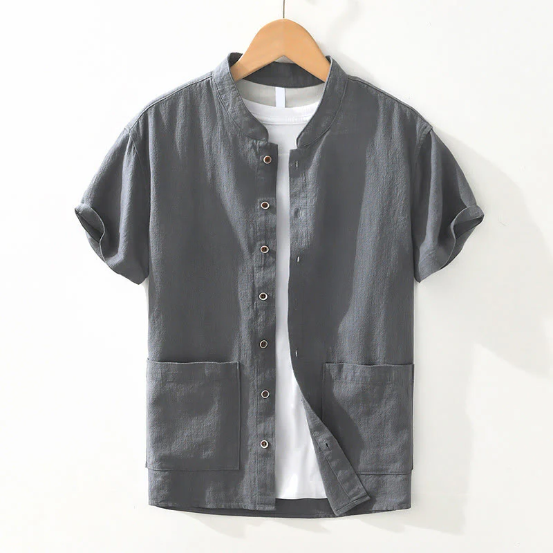 Buddha Stones Casual Buttons Design Stand Collar Men's Short Sleeve Cotton Linen Shirt With Pockets